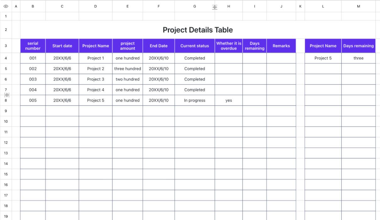 Project Details Table